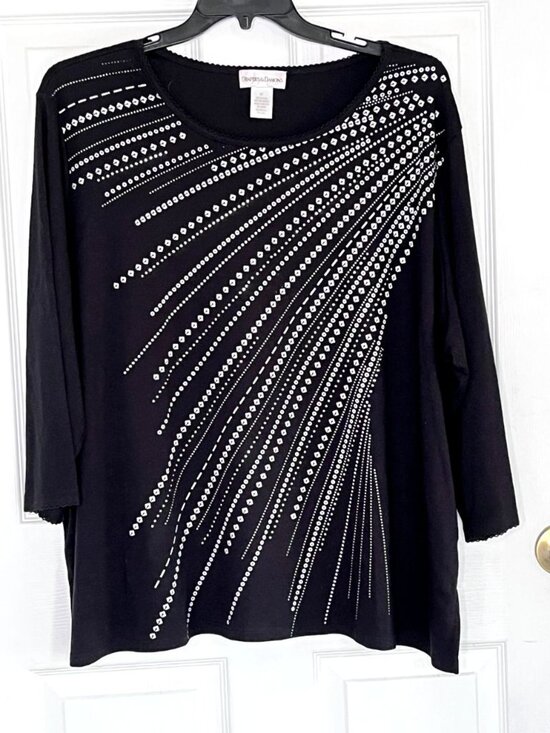 Draper's & Damon's Tops - Womens Black Studded Top 3X Scoop Neck 3/4 Sleeve Glam Chic Bling Embellished